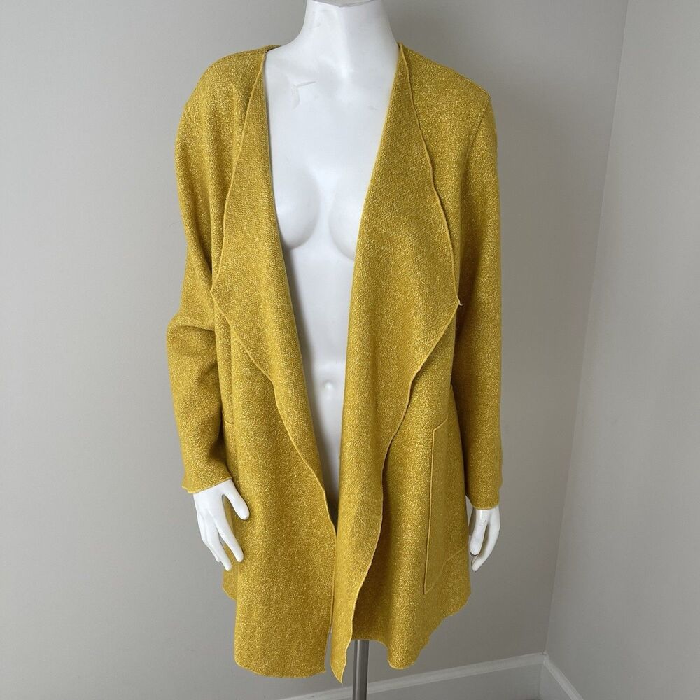 Caroline Rose Draped Open Front Cardigan M Wool Blend Mustard Yellow Coat Jacket
